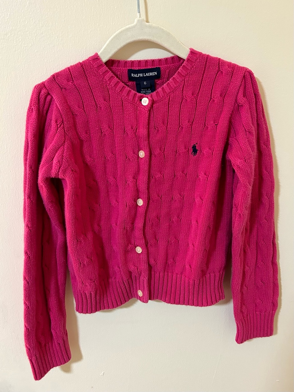 Vintage Ralph Lauren Cable Knit Cardigan Girls Size 6 Pink 100% Cotton Crew Neck